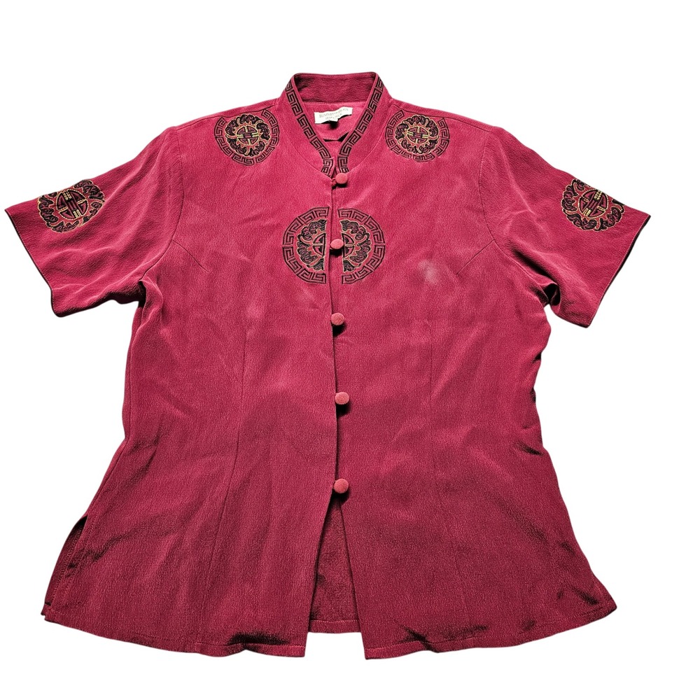 Summit Silks Womens 100% Silk Embroidered Mandarin Collar Blouse Burgundy Red L